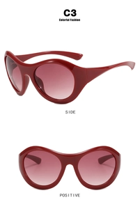 Detailed side and front views of Y2K futuristic bright red wrap-around sports sunglasses