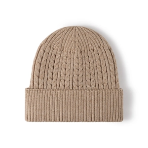 Winter fleece-lined ear-protection knit beanie with thick cable patterns for cold weather