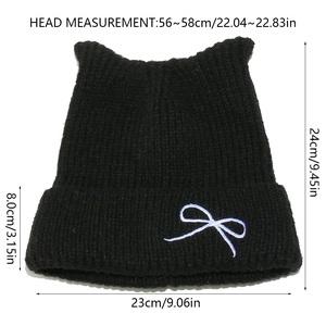 Black knit cat ear hat size guide showing head circumference 56-58cm and dimensions