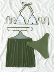 Ensemble bikini 3 pièces vert olive avec jupe en maille transparente et anneau doré