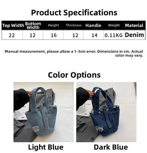 Detailed size chart for denim bucket bag with measurements and light/dark blue color options