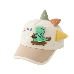 Casquette dinosaure pour enfant en beige et marron avec pointes 3D colorées et dessin