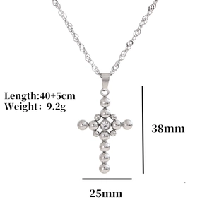 Vintage stainless steel ball chain necklace with zircon cross pendant and size dimensions