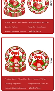 Detail view of 9-inch and 7-inch strawberry party paper plates with Sweet One design