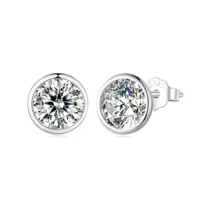 S925 Sterling Silver Round Zirconia Stud Earrings For Women Minimalist Geometric Bezel Set Shining Ear Jewelry Gift Daily Accessories