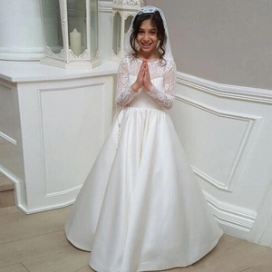 Elegant white lace long sleeve satin flower girl dress with matching veil for weddings