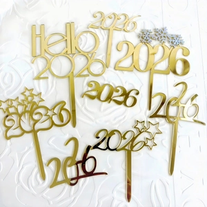 Acryl 2026 Kuchendekoration Spiegel Gold Rot Frohes Neues Jahr Partydekoration Hallo 2026 Sterne Schneeflocken Ornament