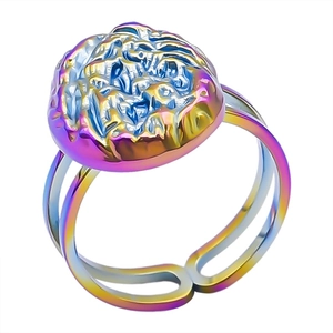 Detail of adjustable ring featuring a unique iridescent lava texture and rainbow metallic finish