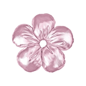 Pink metallic fabric flower scrunchie with five petals shown on a clean white background