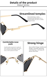Detail view of heart sunglasses featuring gold metal hinges and soft nose pads