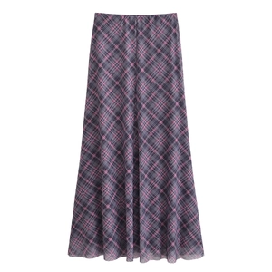 Karierter A-Linien-Maxirock mit hoher Taille in Lila, Rosa und Grau aus Mesh-Gewebe