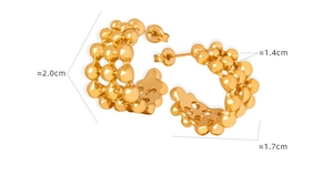 Detail view of gold C-shaped bubble bead earrings with precise dimensions 2.0cm height
