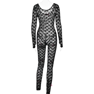 Detailed back view of black lace long-sleeve catsuit with U-shaped open back