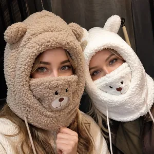 Winter Sherpa Fleece Balaclava Hat With Mask Cute Bear Ears Windproof Thickened Warm Hooded Scarf For Women