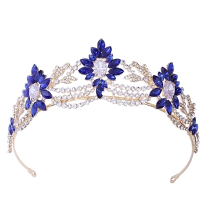 Elegant floral gold bridal crown featuring blue marquise crystals and clear rhinestones
