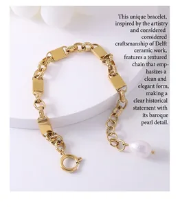 Macro detail of gold-plated chain bracelet with textured rings and freshwater pearl charm