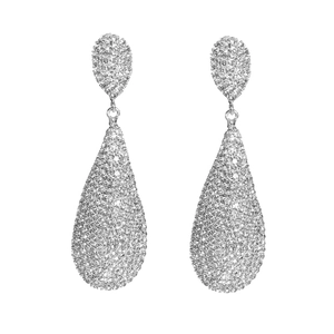 Elegant silver drop earrings for women with shimmering rhinestones on white background