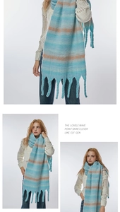 Detail shot of the plush texture and tassel edge on the striped colorful warm scarf