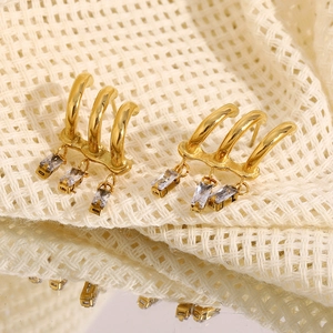 18K gold plated stainless steel tassel earrings with rectangular zircon on woven fabric