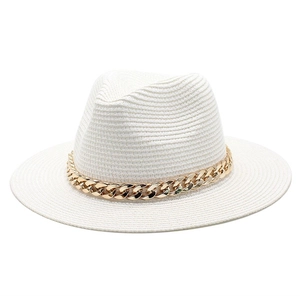 White straw fedora hat with wide flat brim and thick decorative gold chain detail