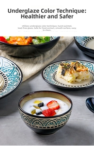 Detail view of lead-free underglaze ceramic bowls with bohemian patterns and smooth finish