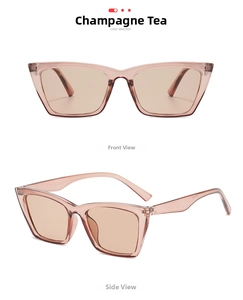 Detail view of champagne tea cat-eye sunglasses with transparent frames and model coding