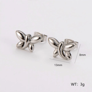 Minimalist silver butterfly stud earrings in stainless steel with dimension and weight marks