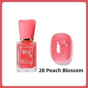 Detailed view of pink shimmer nail polish bottle and a swatch with cherry blossom patterns