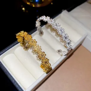 Elegant hollow daisy flower open bangles in gold and silver finish set for women