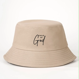 Beige cotton bucket hat with black Child of God embroidery for sun protection