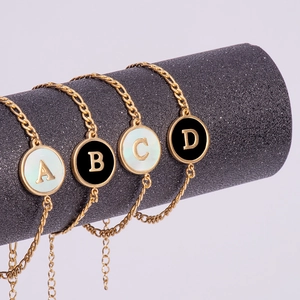 18K gold plated stainless steel shell initial bracelets with A B C D letter charms