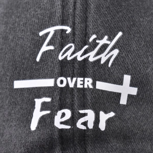 Faded washed dark grey cotton baseball cap with Faith OVER Fear cross print design