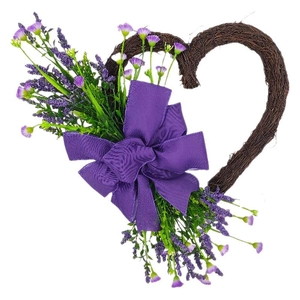 Handmade heart-shaped vine wreath with purple lavender flowers and fabric bow decor