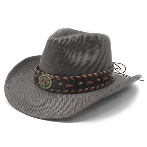 Cappello Di Paglia Western Cowboy Stile Etnico Vintage Con Fascia In Ecopelle Rivetti In Metallo Tesa Larga Per Uomo Donna