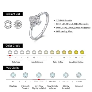S925 sterling silver poker clover ring with moissanite stones and grading details