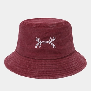 Burgundy washed cotton bucket hat with embroidered antlers logo for outdoor hiking