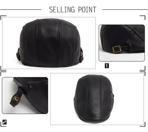 Detail view of adjustable metal buckles and leather texture on a black PU beret hat