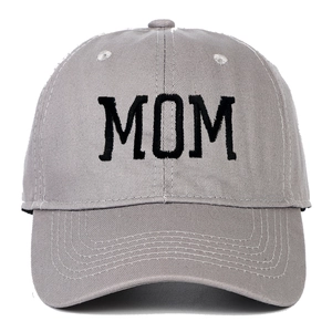 Close-up of MOM black embroidery on a gray cotton canvas vintage baseball cap detail