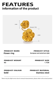Detailed size chart for the 18K gold plated stainless steel chunky flower ring