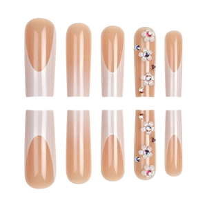 French gradient press-on nails with 3D flowers and colorful rhinestones in long coffin shape