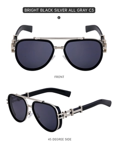 Macro detail of retro aviator sunglasses in glossy black and silver with grey lenses