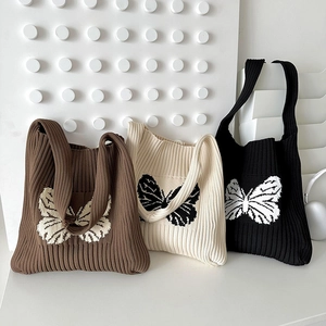Women Casual Knit Shoulder Bag Large Capacity Crossbody Tote Bag Striped Woven Butterfly Pattern Jacquard Handbag For Daily Commuting