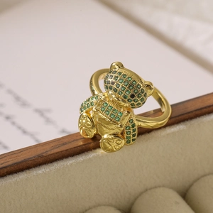 18K gold plated bear open ring for women featuring green cubic zirconia pavé stones