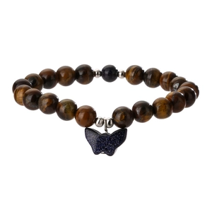 Agate tiger eye beaded bracelet with blue goldstone butterfly charm on white background
