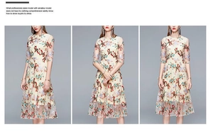 Close-up of elegant floral embroidery and mesh texture on beige midi dress