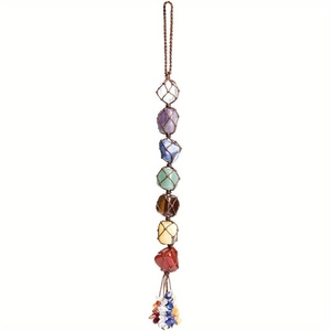 Handmade seven chakra raw stone hanging ornament with woven mesh and crystal tassels