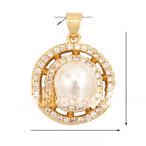 Macro detail of 14mm gold pendant with central white pearl and cubic zirconia halo