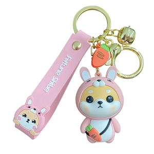 Cute Fortune Shiba Inu keychain featuring a pink rabbit costume and silicone strap