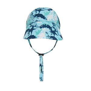 Detail of dinosaur print sun hat for kids featuring adjustable chin strap and blue fabric