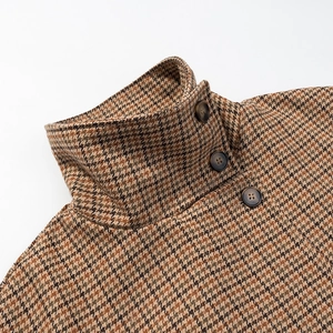 Women's winter houndstooth short jacket featuring a stylish stand collar with button detail